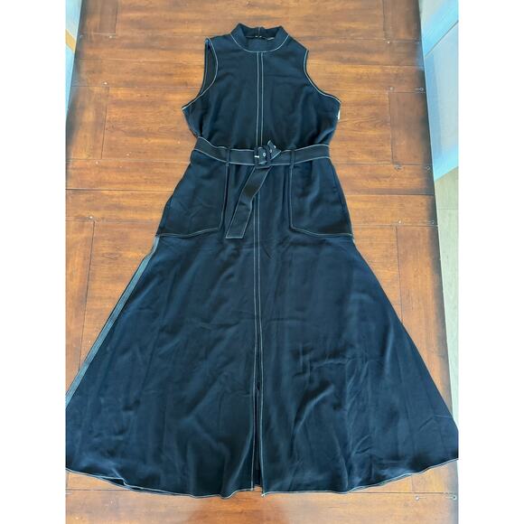 Halogen Topstitched Belted Waist Sleeveless Mock Neck Midi Dress Black Sz XL - Picture 4 of 11